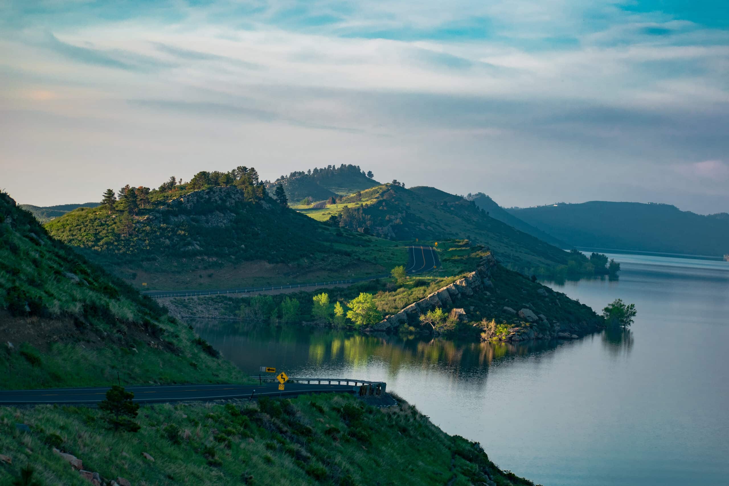 Sunrise over Horsetooth Reservoir and the winding road west of Fort Collins, Colorado